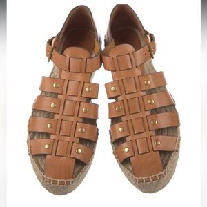 NWOB Tory Burch Fisherman Platform Espadrilles Sandals 6.5 tan leather